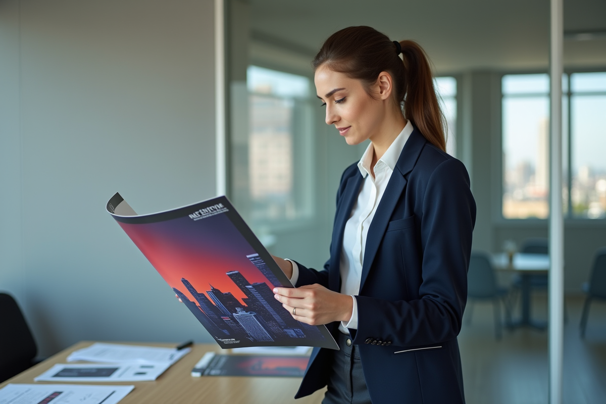 Jeune femme professionnelle examine une affiche d'événement dans un bureau