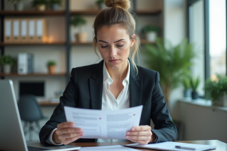 Femme professionnelle en bureau lisant un document