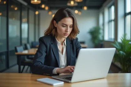 Femme en blazer travaillant sur son ordinateur dans un bureau moderne