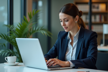 Femme en blazer analysant un tableau de bord digital