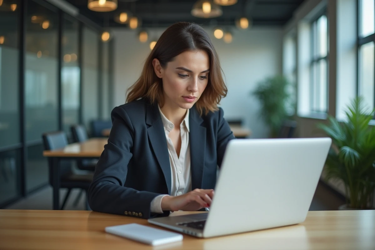 Femme en blazer travaillant sur son ordinateur dans un bureau moderne