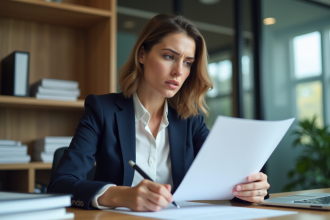 Femme professionnelle lisant une circulaire au bureau