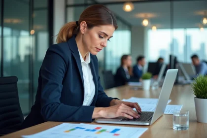Femme professionnelle analysant un tableau de bord CRM sur ordinateur portable dans un bureau moderne, illustrant l'optimisation des processus commerciaux avec EASY PROSPECT
