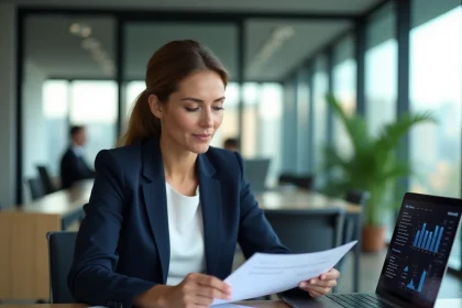 Femme professionnelle analysant un guide de prix stratégie digitale dans un bureau moderne avec ordinateur portable et documents imprimés