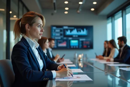 Femme professionnelle en réunion évaluant une plateforme de gestion des échanges inter-entreprises sur écran tactile