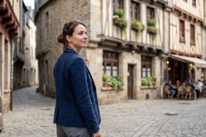 Femme professionnelle &agrave; Quimper avec b&acirc;timents historiques