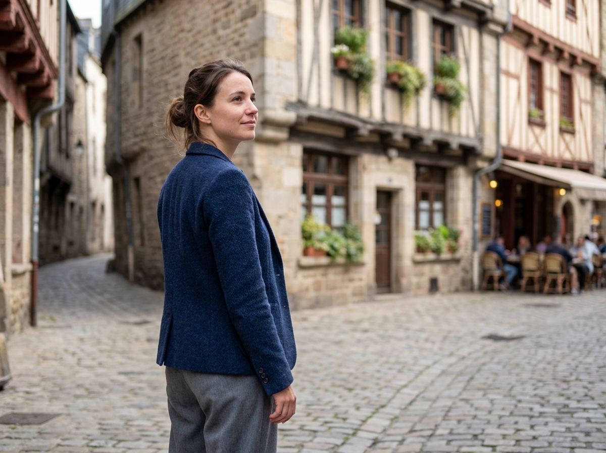 Femme professionnelle à Quimper avec bâtiments historiques