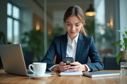 Jeune femme professionnelle utilisant WhatsApp au bureau