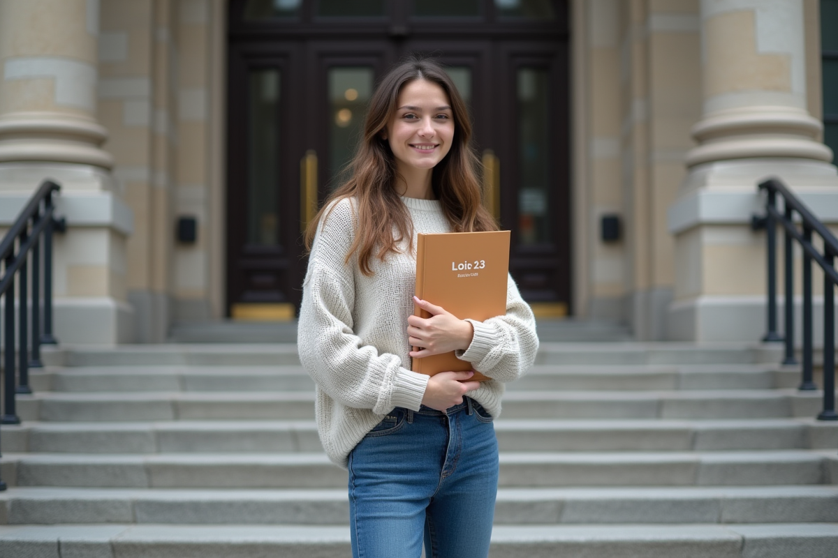 Jeune femme québécoise avec dossier loi 23 devant bâtiment officiel