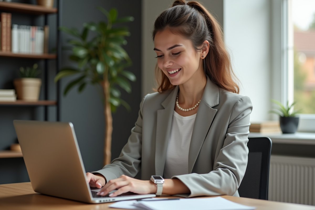 Femme en télétravail mettant à jour son CV dans un bureau cosy