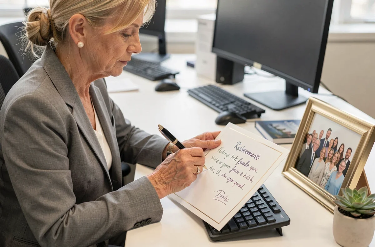 Femme rédigeant un message de départ à la retraite pour un collègue dans une carte élégante