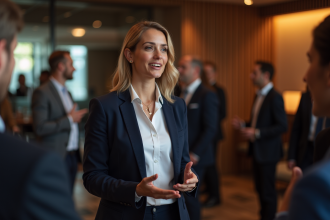 Femme confiante en blazer navy lors d'un réseautage