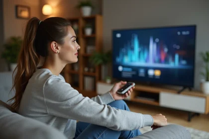 Femme assise regardant une smart TV dans un salon moderne