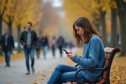 Jeune femme assise seule sur un banc dans un parc automnal