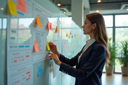 Jeune femme en strat&eacute;gie marketing avec notes color&eacute;es