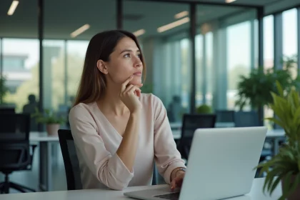 Femme concentr&eacute;e au bureau avec ordinateur en open space