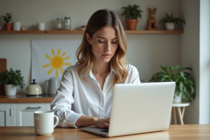 Femme travaillant sur son ordinateur dans une cuisine chaleureuse