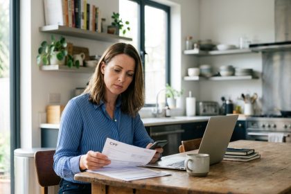Femme concentrée à la maison avec documents et smartphone