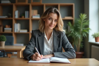 Femme concentr&eacute;e prenant des notes dans un bureau moderne