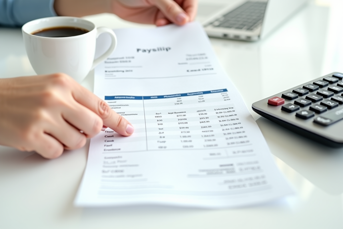 Mains tenant une fiche de paie et une calculatrice sur un bureau lumineux