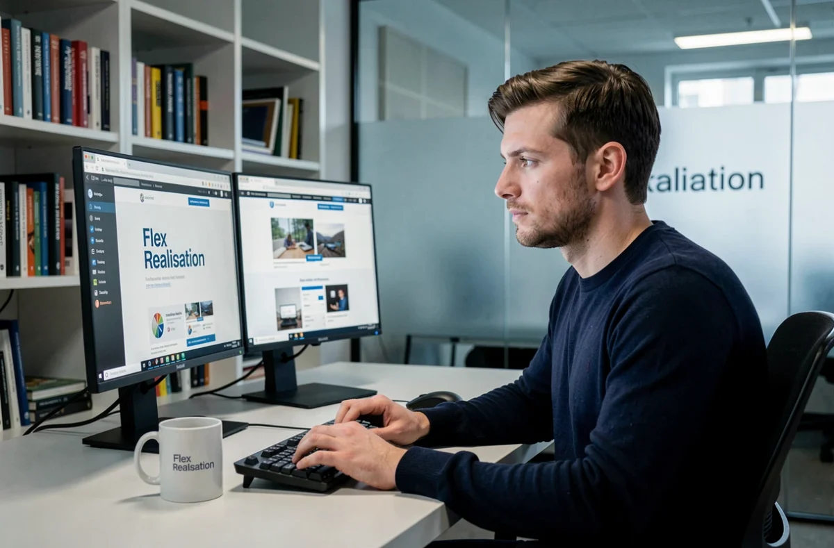 Développeur web de l'agence Flex Réalisation travaillant sur un site responsive dans un bureau moderne
