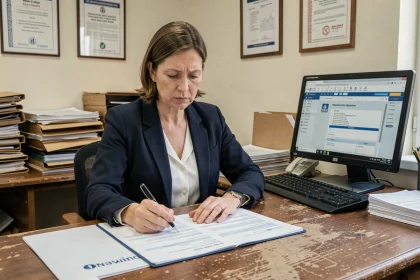 Fonctionnaire femme remplissant un formulaire de demande de congés sans solde dans un bureau administratif public