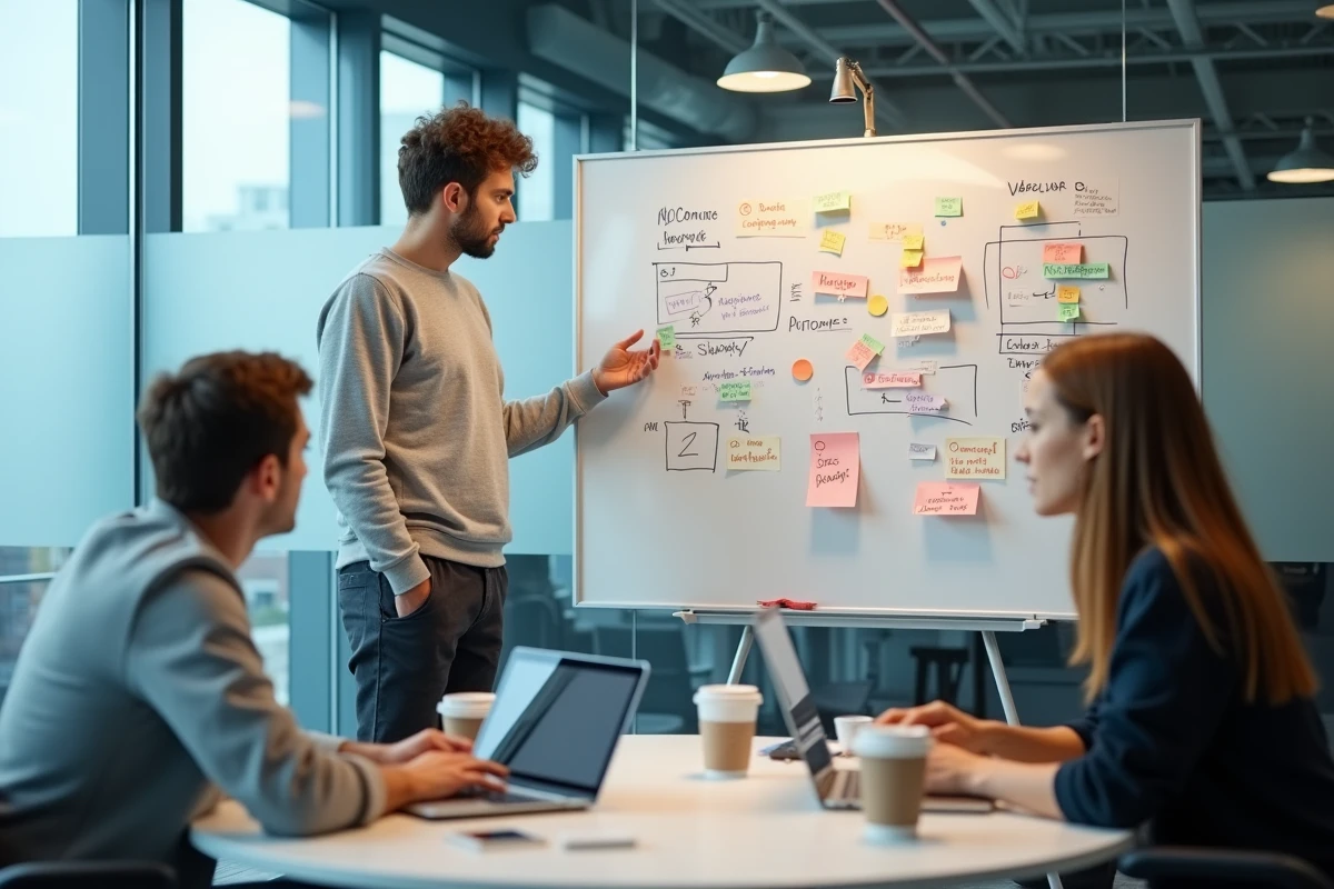Formateur présentant un écosystème NoCode et ecommerce sur un tableau blanc lors d'une session de formation en groupe