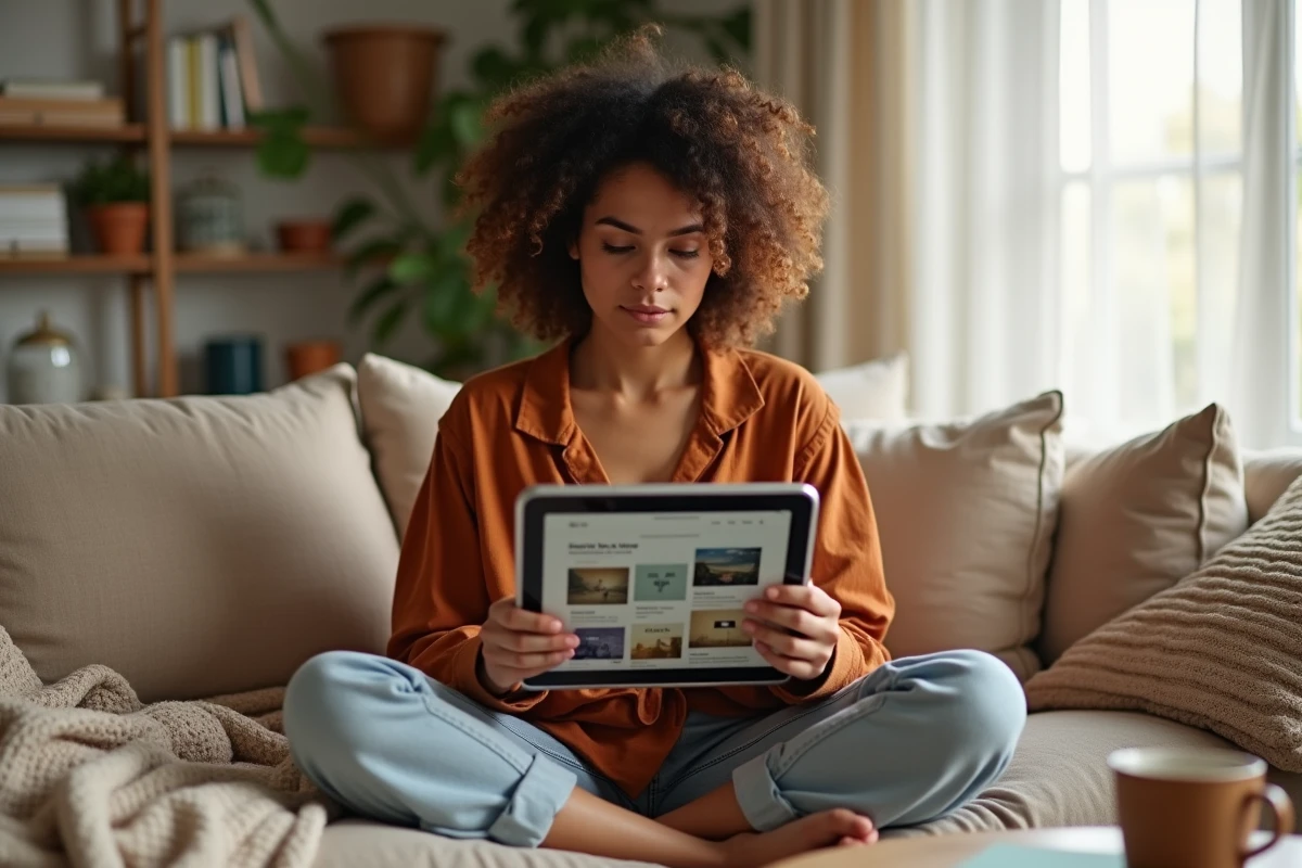 Jeune créatrice freelance combinant prompts IA et modèles Envato sur tablette dans un salon cosy