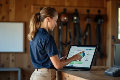 Gestionnaire d'écurie consultant un logiciel de gestion équine sur tablette dans un bureau de haras sans papier