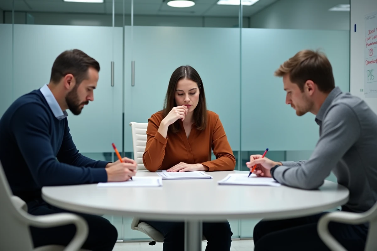 Groupe de candidats passant le test PI autour d'une table de réunion en entreprise