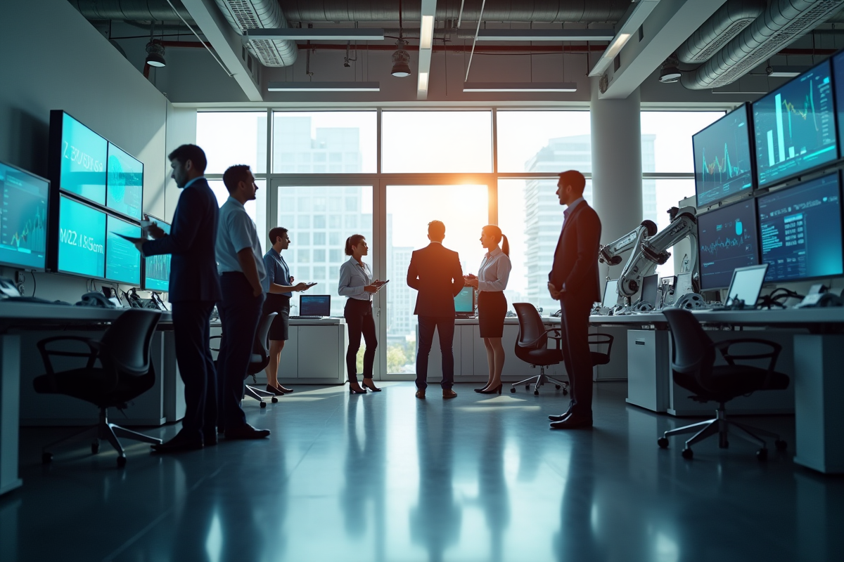 Groupe de personnes collaborant autour d un espace de travail moderne avec robots