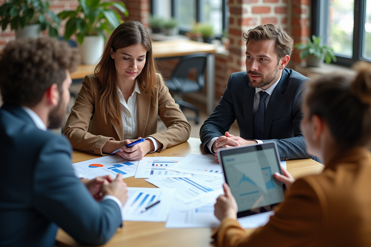 Groupe de collègues discutant autour de documents CRM
