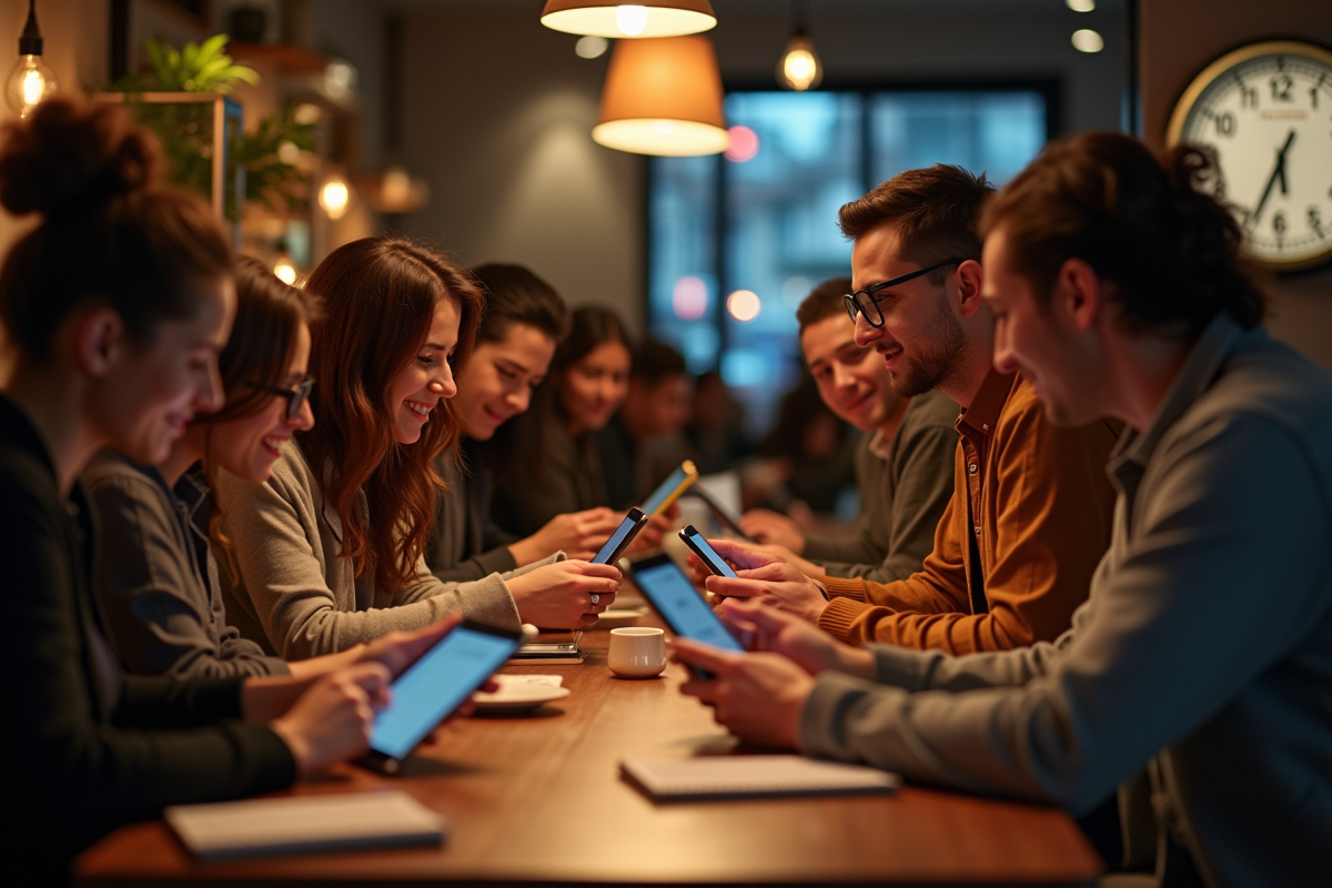 Groupe diversifié utilisant smartphones dans un café chaleureux