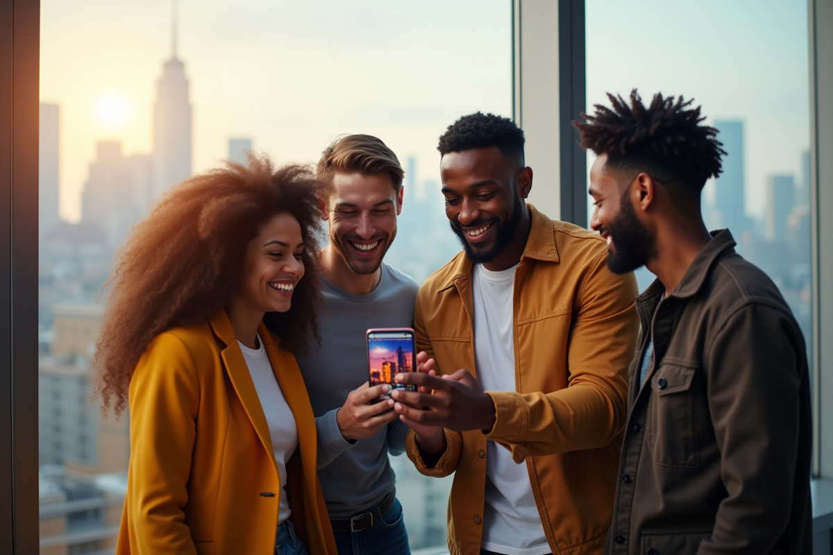 Groupe de personnes souriantes regardant un téléphone avec interface Instagram