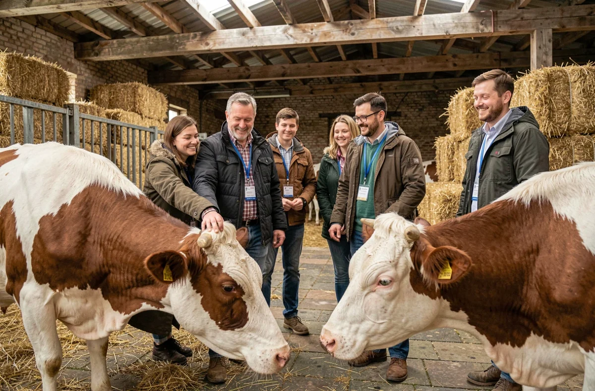 Participants d'une visite de groupe observant des vaches laitières dans l'étable de la Ferme du Fays