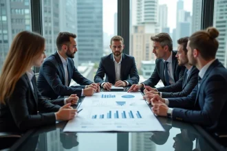 Groupe de professionnels analysant un graphique de coûts dans un bureau moderne