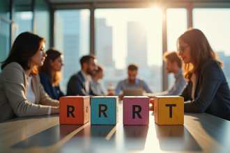 Groupe de professionnels dans un bureau moderne avec cubes en bois colorés