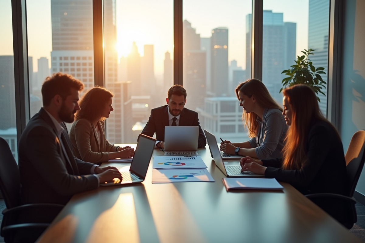 Groupe de professionnels dans un bureau moderne collaborant autour d'une table