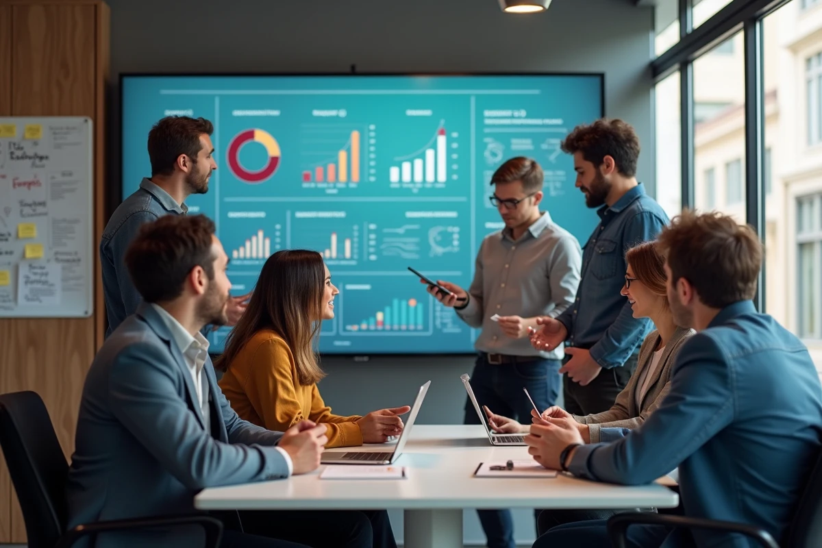 Groupe de professionnels en r&eacute;union collaborative