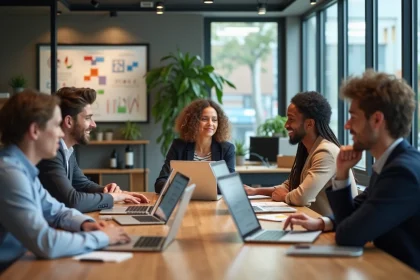 Groupe de jeunes professionnels en r&eacute;union dans un espace moderne