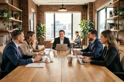 Groupe de professionnels réunis autour d'une table de réunion en bois dans un bureau moderne, collaborant sur un projet commun