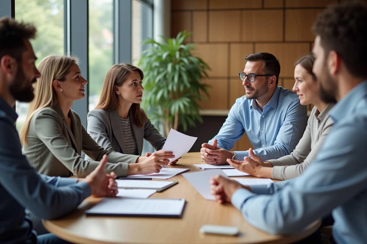 Groupe de professionnels RH en réunion dans un bureau moderne
