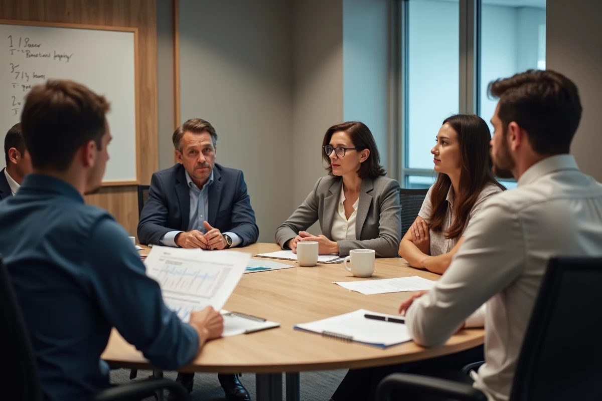 Réunion collective de salariés Altran discutant de leurs droits avec un représentant du comité social et économique