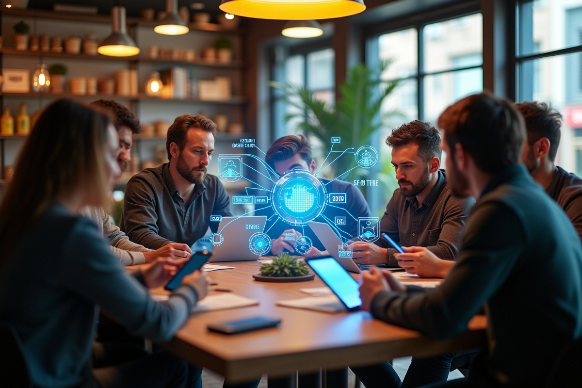 Groupe de personnes discutant autour de leurs appareils dans un café lumineux