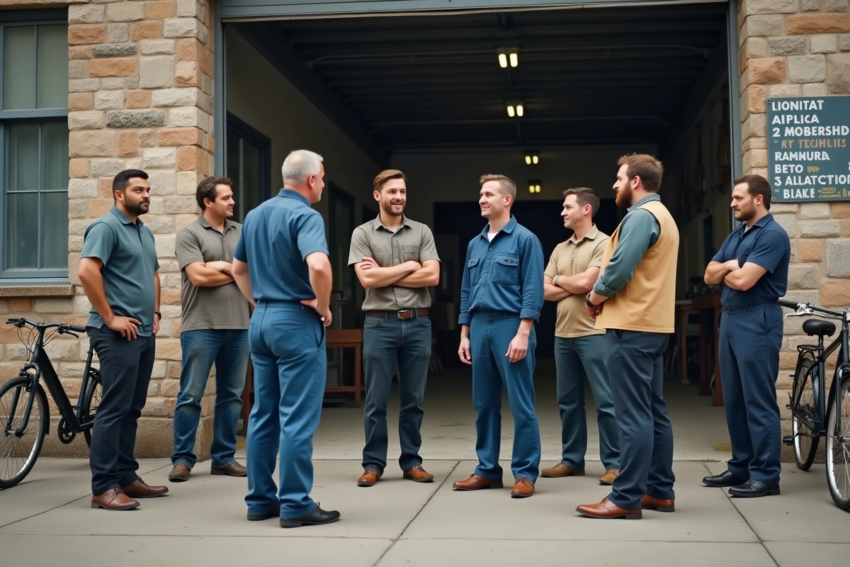 Groupe de travailleurs devant une usine locale