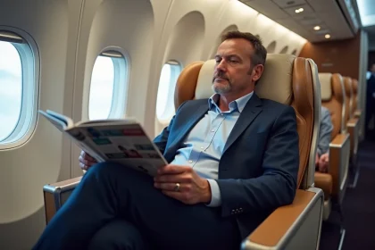 Homme d'affaires en avion Airbus A330 en classe affaires