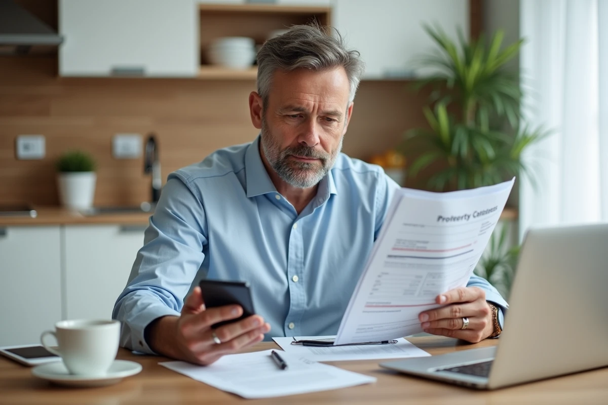 Homme d'affaires avec documents et smartphone dans une cuisine moderne
