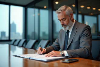Homme d'affaires en costume gris signant des documents
