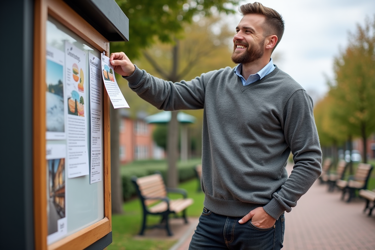 Jeune homme accroche un flyer coloré sur un panneau d