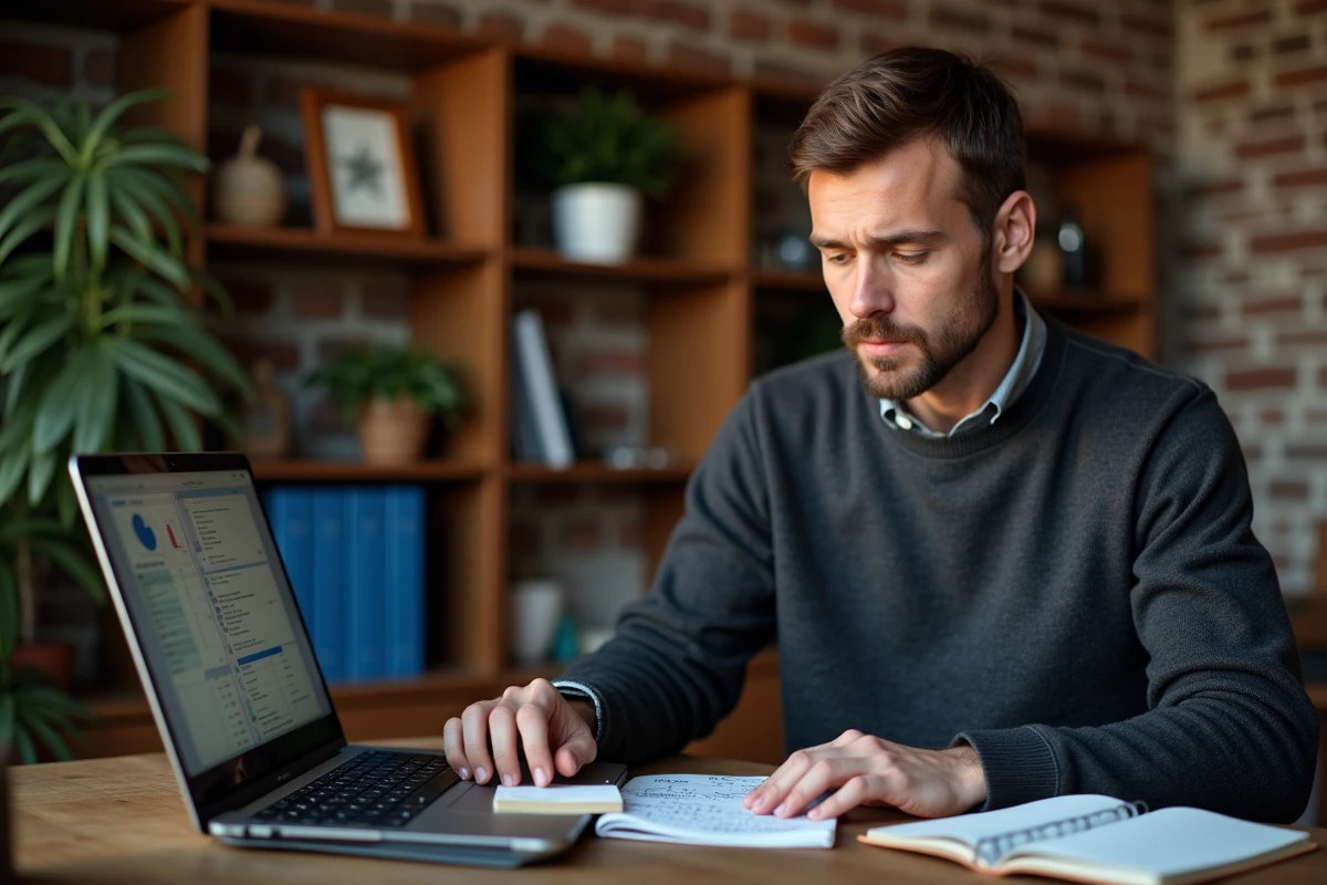 Homme calculant ses heures de travail sur un ordinateur portable depuis son bureau à domicile
